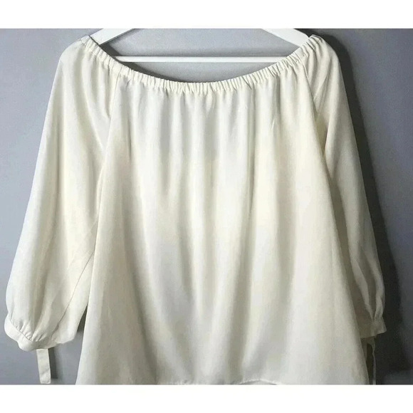 J Crew Top Womens Large Beige Button Neck Blouse Ruffles Flowy Long Sleeve - Picture 5 of 5